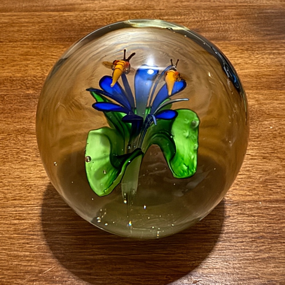 12. Vintage Blue Flower with Bees Paperweight Collectable